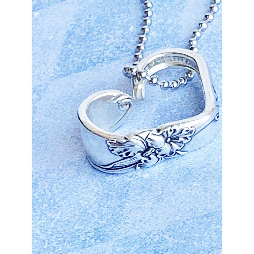 Vintage Silverware Heart Pendant, White Orchid 1953, Upcycled Flatware Necklace